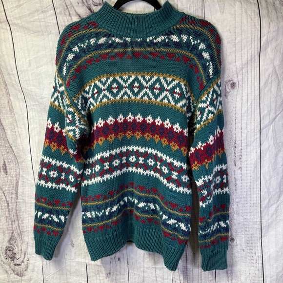 Vintage Chunky Knit Grandpa Cable Knit Graphic Oversized Sweater Medium - Picture 1 of 5